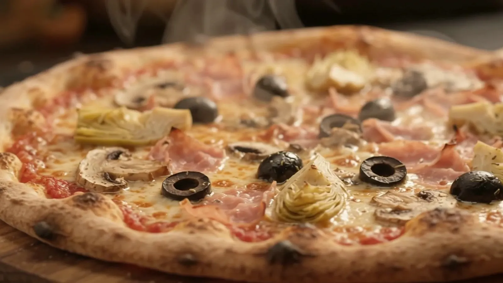 Une pizza jambon, champignons, artichauts et olives qui fume encore